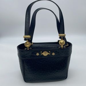 Versace Ostrich Black Leather Shoulder Bag w/Gold Detail
